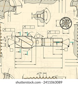 Mechanical engineering drawings on sepia background. Tap tools, borer. Technical Design. Cover. Blueprint. Seamless pattern. Vector illustration.