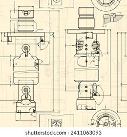 Mechanical engineering drawings on sepia background. Tap tools, borer. Technical Design. Cover. Blueprint. Seamless pattern. Vector illustration.