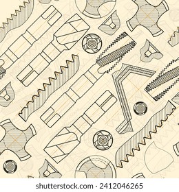 Mechanical engineering drawings on sepia background. Tap tools, borer. Technical Design. Cover. Blueprint. Seamless pattern. Vector illustration.