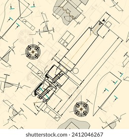 Mechanical engineering drawings on sepia background. Tap tools, borer. Technical Design. Cover. Blueprint. Seamless pattern. Vector illustration.