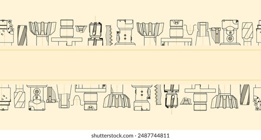 Mechanical engineering drawings on sepia background. Tap tools, borer. Technical Design. Cover. Blueprint. Seamless pattern. Vector illustration.