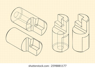 Mechanical engineering drawings on sepia background. Cutter, assembly tool with replaceable multi-faceted plate. Technical Design. Cover. Blueprint. Vector illustration.