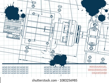 Mechanical engineering drawings on a white background. Vector. Background for inscription. Draft. Ink. Blots