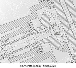 Mechanical engineering drawings on white background. Milling machine spindle. Technical Design. Cover.