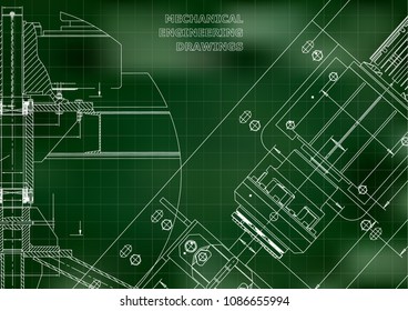 Mechanical engineering drawings. Technical Design. Instrument making. Blueprints. Green background. Grid