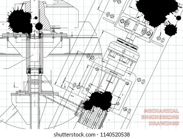 Mechanical engineering drawings. Technical Design. Blueprints. Draft. Black Ink. Blots