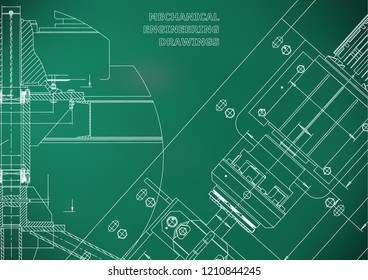 Mechanical engineering drawings. Technical Design. Instrument making. Blueprints. Light green background
