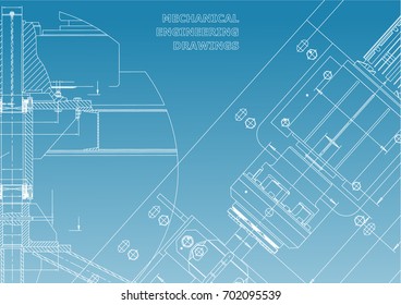 Mechanical engineering drawings. Technical Design. Instrument making. Blueprints. White and blue