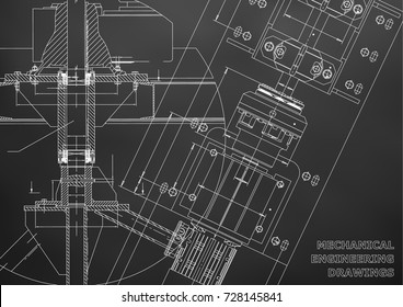 Mechanical engineering drawings. Technical Design. Blueprints. Black background