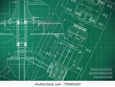 Mechanical engineering drawings. Technical Design. Blueprints. Light green background. Grid