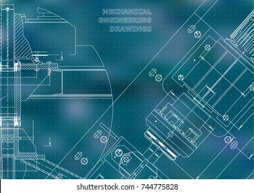 Mechanical Engineering Drawings. Technical Design. Instrument Making. Blueprints. Blue Background. Points