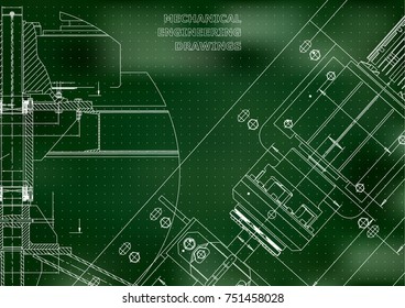 Mechanical engineering drawings. Technical Design. Instrument making. Blueprints. Green background. Points