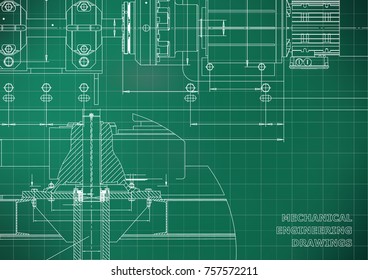 Mechanical engineering drawings. Technical Design. Engineering backgrounds. Blueprints. Light green background. Grid