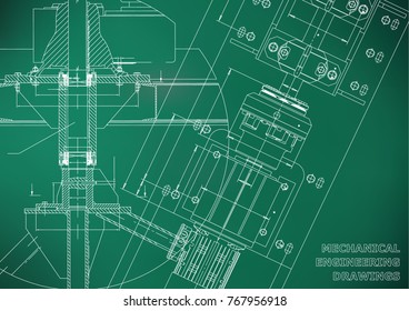 Mechanical engineering drawings. Technical Design. Blueprints. Light green background