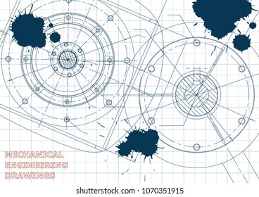Mechanical engineering drawings. Vector background. Draft. Ink. Blots