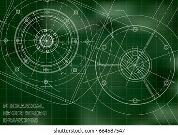 Mechanical engineering drawings. Vector background. Green. Grid