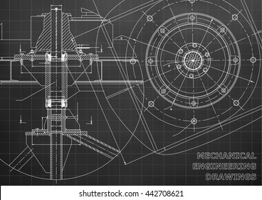 Mechanical engineering drawings. Vector black background. Grid