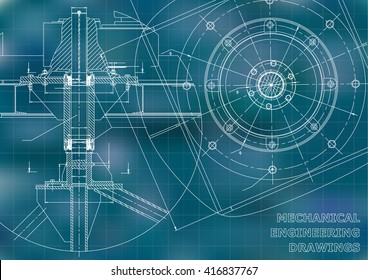 Mechanical Engineering Drawings. Vector Blue Background. Grid