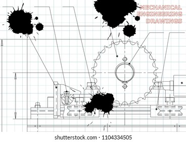 Mechanical engineering drawings. Vector Drawing. Draft. Black Ink. Blots