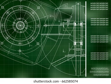Mechanical engineering drawings. Vector engineering drawing. Green. Grid