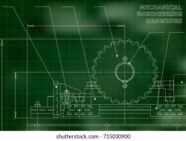 Mechanical engineering drawings. Vector Drawing. Green. Grid