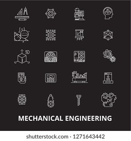 Mechanical engineering editable line icons vector set on black background. Mechanical engineering white outline illustrations, signs, symbols