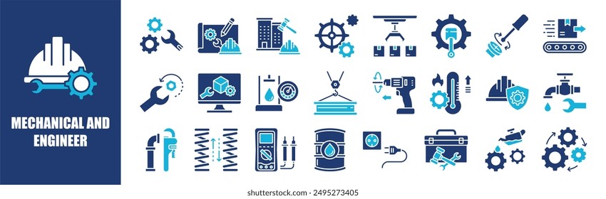 Mechanical engineering icon collection set. Containing design, industry, technology, mechanical, engineering, and more. Solid vector icons collection.	