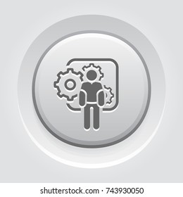 Mechanical Engineering Icon. Man and Gears. Development Symbol. Flat Line Pictogram. Isolated on white background. Grey Button Design.