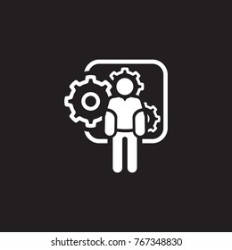 Mechanical Engineering Icon. Man and Gears. Development Symbol. Flat Line Pictogram. Isolated on white background.