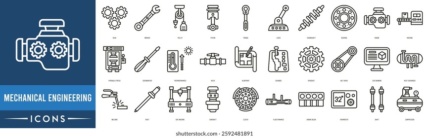 Mechanical Engineering Icon set. Gear, Wrench, Pulley, Piston, Torque, Lever, Crankshaft, Bearing and Engine