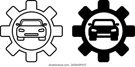 Mechanical Engineering Icons. Black and White Vector Illustrations. Gear and Car. Manufacturing Various Machines. Engineering Concept