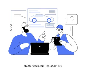 Mechanical engineering isolated cartoon vector illustrations. Manufacturing engineering student and teacher discussing new project using laptop, higher education, master degree vector cartoon.