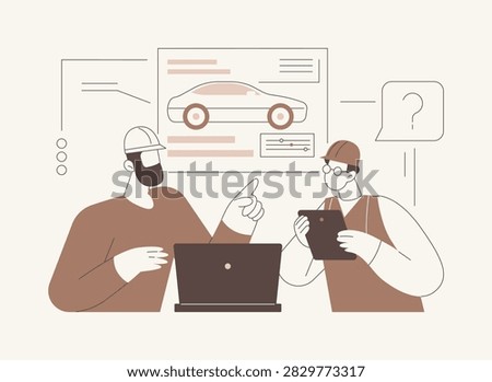 Mechanical engineering isolated cartoon vector illustrations. Manufacturing engineering student and teacher discussing new project using laptop, higher education, master degree vector cartoon.