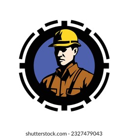 Mechanical engineering logo design, builder and industrial worker, vector flat illustration