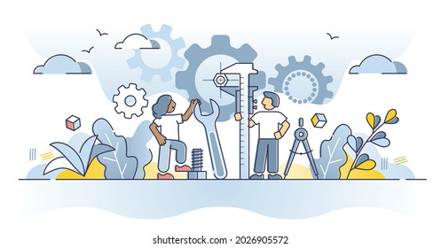 Mechanical engineering as physics and material science mix outline diagram. Architect mathematical and geometrical principles usage for manufacture and technology development vector illustration.