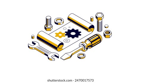 Mechanical engineering project concept, engine draft plan drawing, technical scheme blueprint, paper sheet with gears 3D isometric vector illustration, repair tutorial.