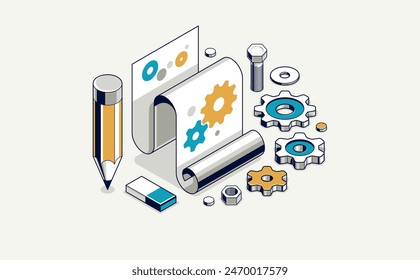 Mechanical engineering project concept, engine draft plan drawing, technical scheme blueprint, paper sheet with gears and pencil 3D isometric vector illustration, repair tutorial.