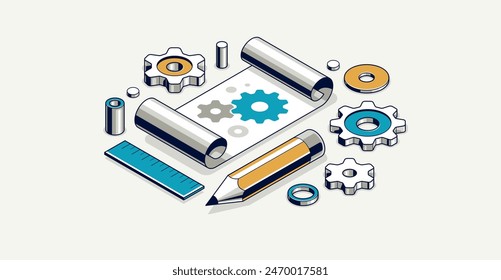 Mechanical engineering project concept, engine draft plan drawing, technical scheme blueprint, paper sheet with gears and pencil 3D isometric vector illustration, repair tutorial.