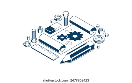 Mechanical engineering project concept, engine draft plan drawing, technical scheme blueprint, paper sheet with gears and pencil 3D isometric vector illustration, repair tutorial.