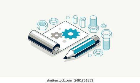 Mechanical engineering project concept, engine draft plan drawing, technical scheme blueprint, paper sheet with gears 3D isometric vector illustration, repair tutorial.