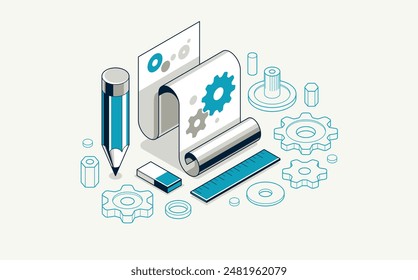 Mechanical engineering project concept, engine draft plan drawing, technical scheme blueprint, paper sheet with gears 3D isometric vector illustration, repair tutorial.