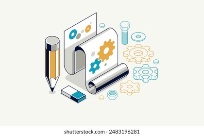 Mechanical engineering project concept, engine draft plan drawing, technical scheme blueprint, paper sheet with gears 3D isometric vector illustration, repair tutorial.