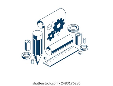 Mechanical engineering project concept, engine draft plan drawing, technical scheme blueprint, paper sheet with gears and pencil 3D isometric vector illustration, repair tutorial.