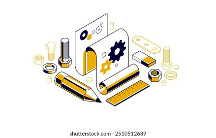 Mechanical engineering project concept, engine draft plan drawing, technical scheme blueprint, paper sheet with gears and pencil 3D isometric vector illustration, repair tutorial.