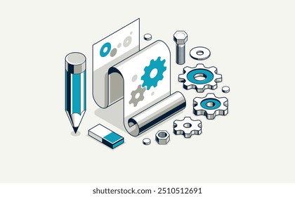 Mechanical engineering project concept, engine draft plan drawing, technical scheme blueprint, paper sheet with gears 3D isometric vector illustration, repair tutorial.