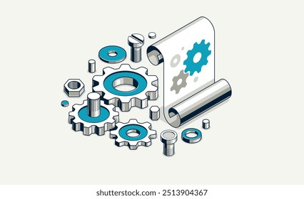 Mechanical engineering project concept, engine draft plan drawing, technical scheme blueprint, paper sheet with gears 3D isometric vector illustration, repair tutorial.