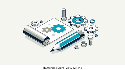 Mechanical engineering project concept, engine draft plan drawing, technical scheme blueprint, paper sheet with gears and pencil 3D isometric vector illustration, repair tutorial.