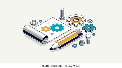 Mechanical engineering project concept, engine draft plan drawing, technical scheme blueprint, paper sheet with gears and pencil 3D isometric vector illustration, repair tutorial.