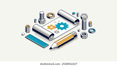 Mechanical engineering project concept, engine draft plan drawing, technical scheme blueprint, paper sheet with gears 3D isometric vector illustration, repair tutorial.