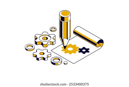 Conceito de projeto de engenharia mecânica, desenho de plano de esboço do motor, projeto de esquema técnico, folha de papel com engrenagens e lápis 3D ilustração vetor isométrica, tutorial de reparo.